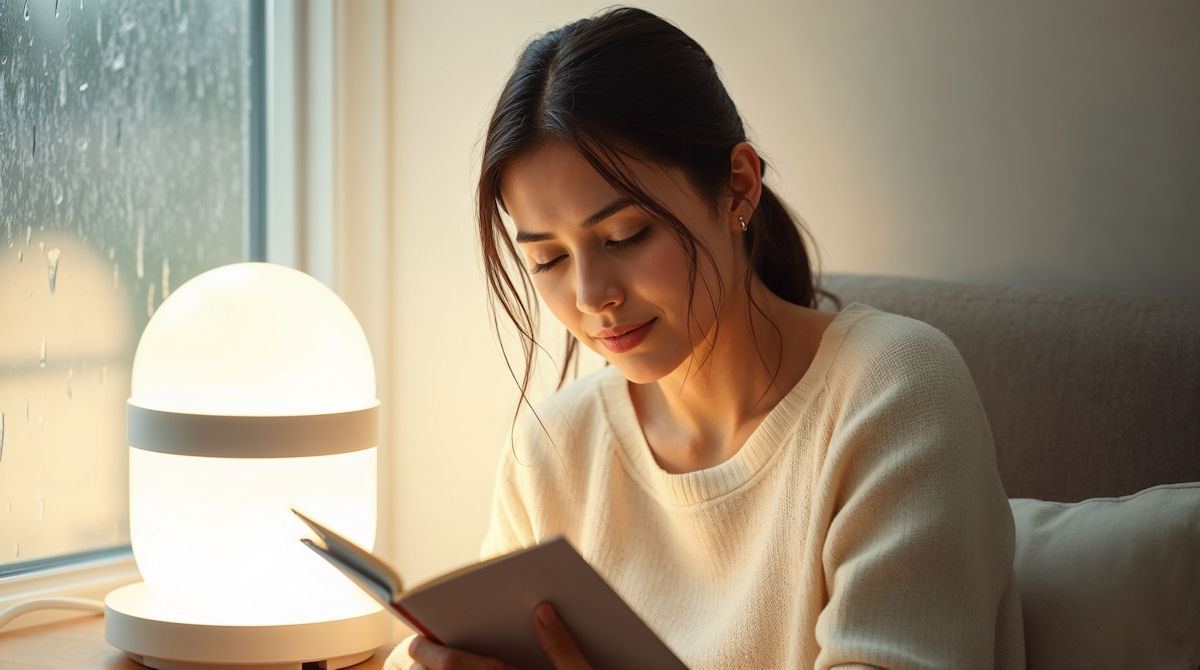 Woman reading while next to seasonal depression treatment lamp