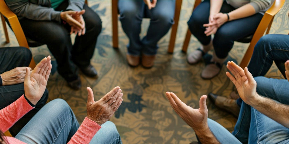 Overhead shot of women discussing addiction in families
