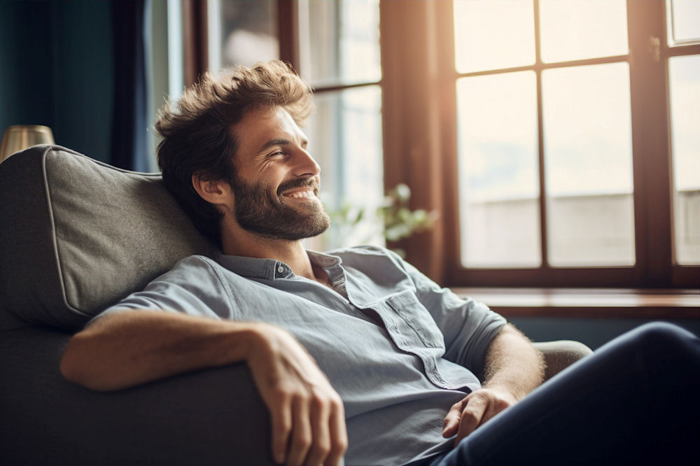 Man cheerfully smiling while sitting in chair at a startup